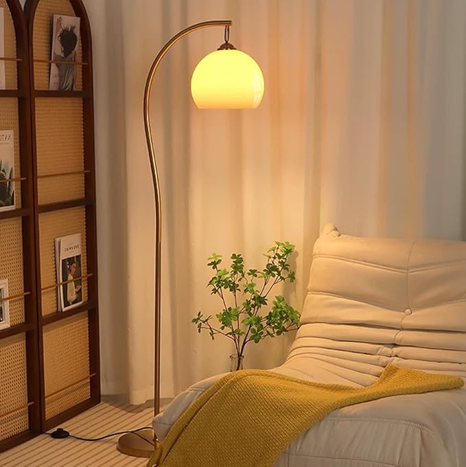 Bofea-Arc Floor Lamps for Living Room Gold Floor Lamp with Orange Glass Shade,3 Color Temperatures,Orange Tall Reading Light with Foot Switch，Ambient Lighting Lamps Mid Century Arch Lamp for Bedroom