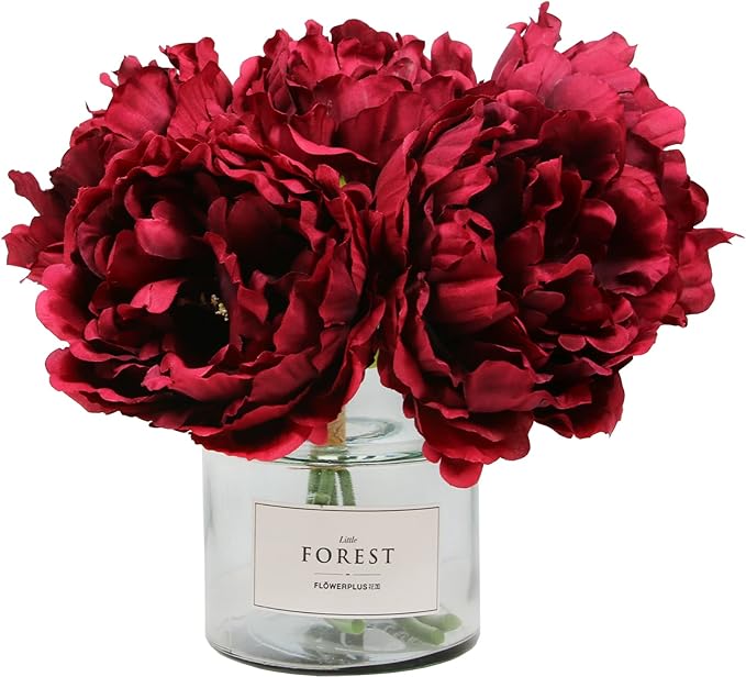 Tinsow Burgundy Artificial Peony Flowers for Halloween Home Decoration, 5 Pcs Red Faux Peonies for Fall Decoration, Silk Flowers Bouquet (5, Maroon)