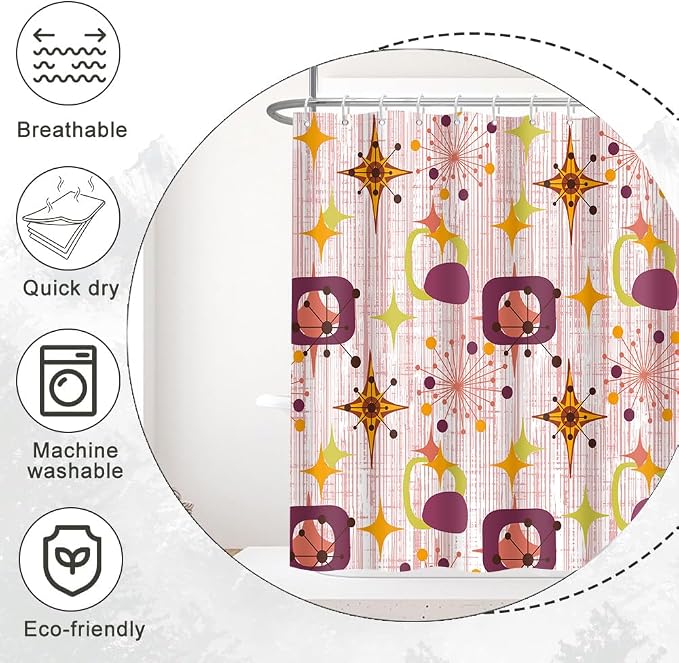 Mid Century Shower Curtain, 72x84inch, Modern Abstract Retro Red Striped Geometric Shower Curtain Sets 1950s Boho Bathroom Shower Curtain with 12 Hooks