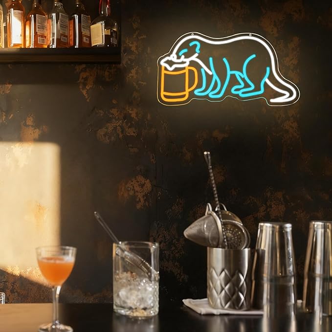 Ferret with Beer Neon Sign for Bar Wall Decor Beer Neon Lights Dimmable Ferret LED Light for Pub Decor Man Cave Decor Gift For Beer Lover