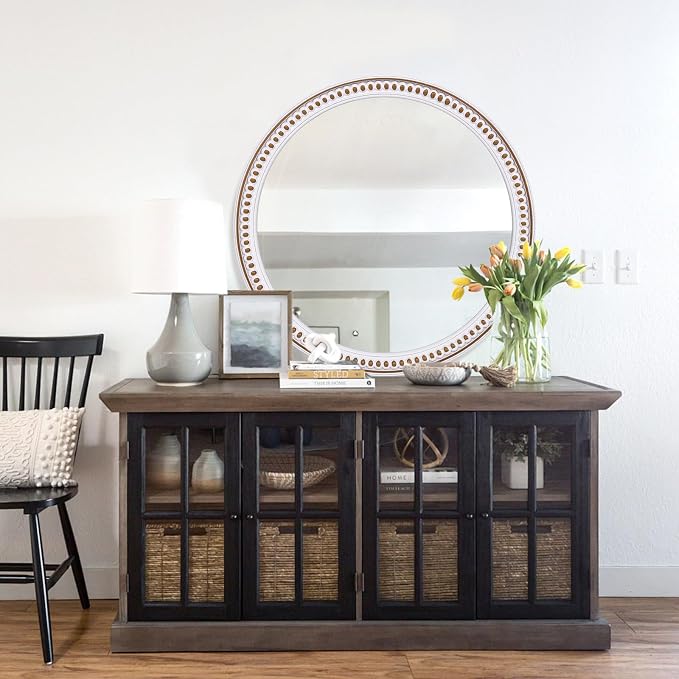 HOITUZYUS 24 Inch Wooden Rustic Farmhouse Round Mirror for Wall Decor | Circle Decorative Mirrors for Bathroom Over Sink, Entryway, Living Room, Bedroom, Hallway