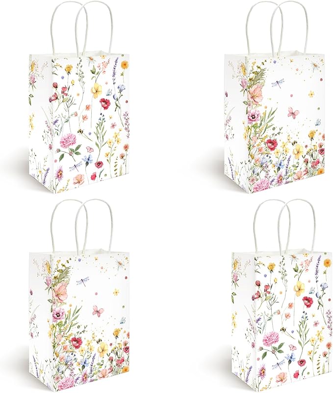 Lofaris 16PCS Wildflower Gift Bags - Floral Paper Bag with Handles, Small Wedding Party Favor Bag, Floral Gift Bags for Baby Shower, Bridal Shower, Birthday