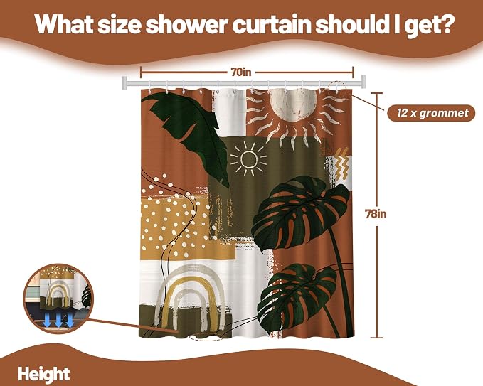 Mid Century Modern Shower Curtain Boho Abstract Tropical Leaf Shower Curtains for Bathroom Decor Sets, Waterproof Cloth Fabric with Hooks, 70x78 Inch