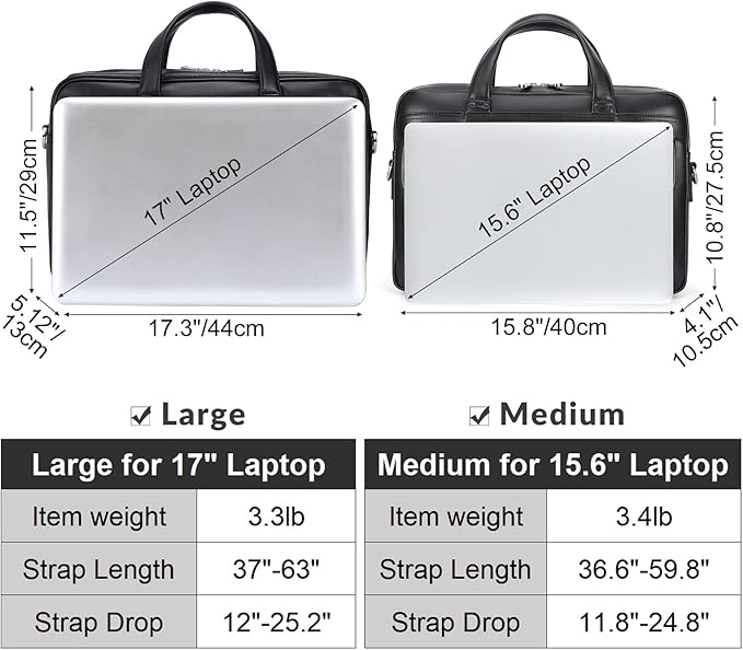 Masa Kawa Leather Briefcase for Men 15.6", 17" Laptop Computer Case Business Travel Work Messenger Cross Body Shoulder Bag