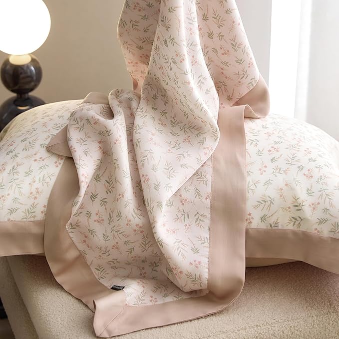 VM VOUGEMARKET Blush Pink Duvet Cover Twin Cooling Lyocell Teen Girls Flower Leaves Duvet Cover with Zipper Closure Romantic Ruffle Bedding Sets,Twin 68x86 Inch