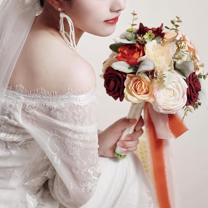 8.6 Inch Wedding Bouquets for Bride Bridesmaid, Burnt Orange Burgundy Rose Bridal Bouquet Terracotta Fall Wedding Artificial Silk Flower Boho Rustic Ceremony Anniversary Decor Toss Bouquet