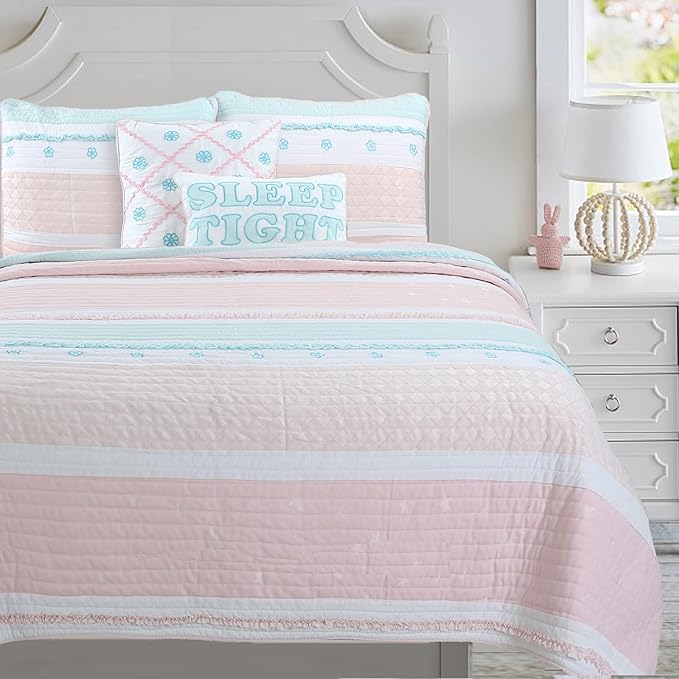 Cozy Line Home Fashions Light Pink Blue Ruffles Girl 100% Cotton Reversible Quilt Bedding Set, Coverlet, Bedspread (Candy, Queen - 3 Piece: 1 Quilt + 2 Shams)