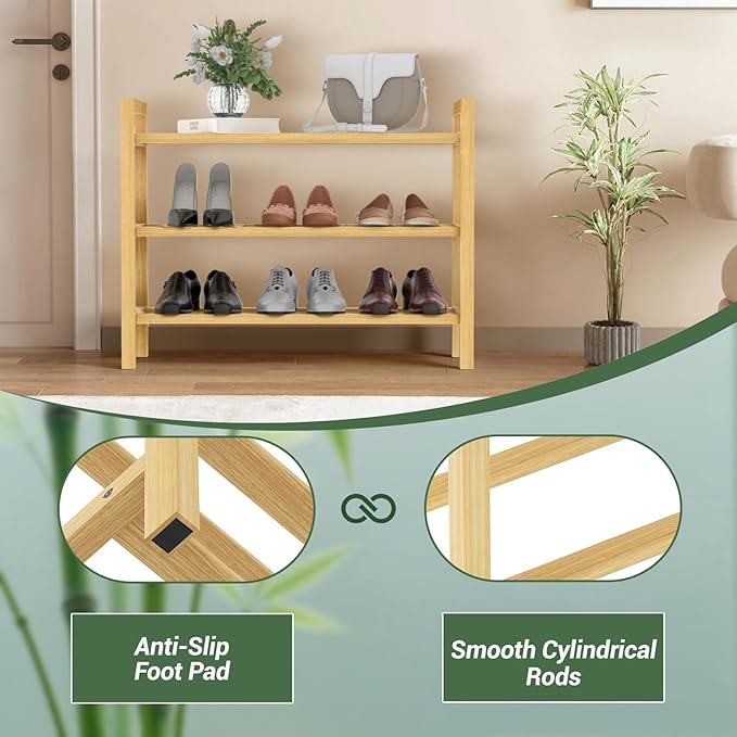 Haddockway Bamboo Shoe Rack for Closet, Free Standing Shoe Organizer with Smooth Round Rods & Convenient Handles, Stackable Shoe Storage Shelf for Entryway, Hallway(Natural, 3-Tier(Small))