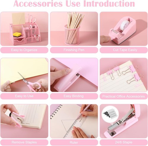 Auroray Pink Desk Organizer Set - Stylish Office Supplies with Mesh Organizer, Tape Dispenser & More