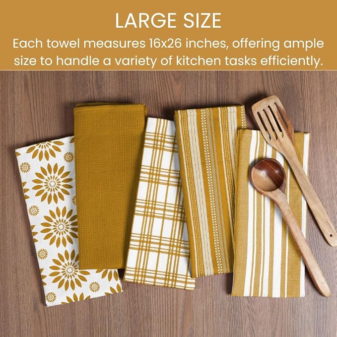 Assorted Kitchen Towels Large 16x26 inches 100% Cotton Set of 5 - Soft Absorbent Washable Tea Towel for Kitchen - Dish Cloths with Hanging Loop - Quick Drying Towels Yellow Mustard