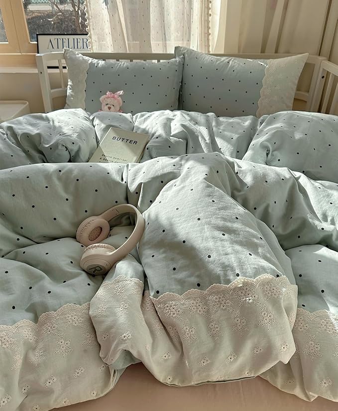 VM VOUGEMARKET Sage Green Comforter Set Twin XL Cute Black Dots Bedding Set,Soft Microfiber Princess Style Lace Comforter/Quilt with 2 Pillowcases,Romantic &Elegant-68 x90