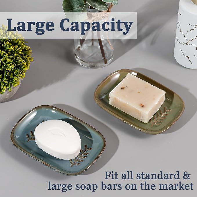 HighHerz Aesthetic Ceramic Soap Dish for Shower, Soap Holder with Raised Relief, Shower Soap Dish for Shampoo Bar Or Sponge, Soap Saver for Bathroom, Kitchen, Sink, Decorative Soap Tray (Blue)
