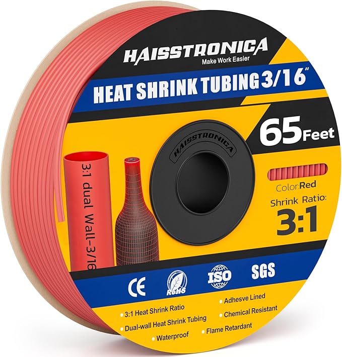 haisstronica 3:1 Heat Shrink Tubing, Shrink Ratio Adhesive Lined Marine Grade Heat Shrink Tube for Home, Automotive and Industrial (Red) 65FT 3/16inch