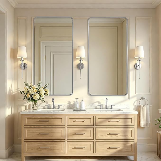 ANDY STAR 24x48'' Brushed Nickel Bathroom Vanity Mirror for Over Sinks, Rounded Rectangle Bathroom Wall Mirror in 1'' Rustproof Tube Metal Frame Mirror Decorative Wall-Mounted Horizontal/Vertical