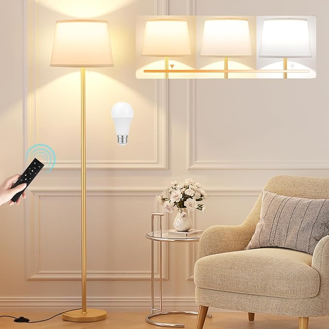 Raexpectis Floor Lamps for Living Room - Modern Gold Floor Lamp with Remote Control, Dimmable Colors Temperature Standing Lamp with LED Bulbs, Tall Lamp for Bedroom Office Kid Room - Brass Gold
