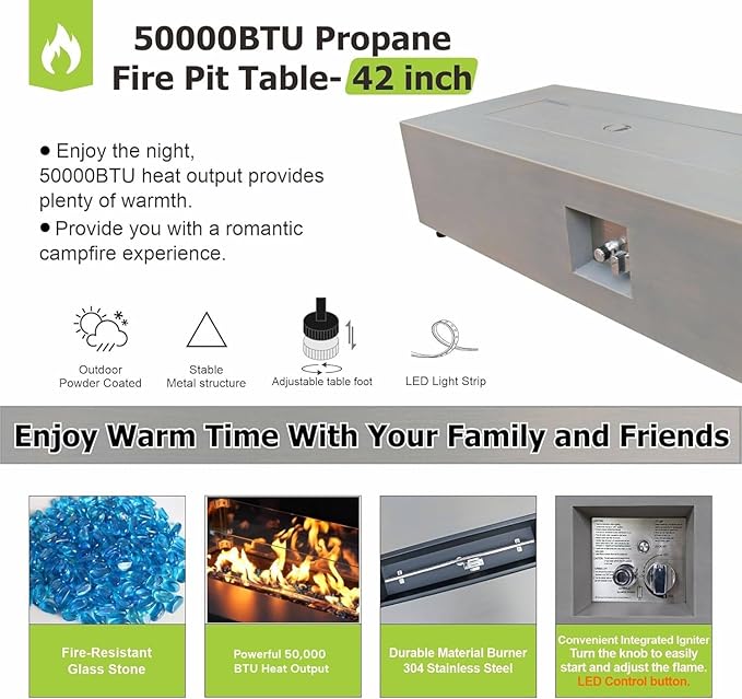 2-Piece 42" LED Rectangular Propane Fire Pit for Outside Patio with Hidden Tank Table, 50,000 BTU Fireplaces with Glass Wind Guard, Lid, Glass Rocks, Cover(Grey w/Warm Light)