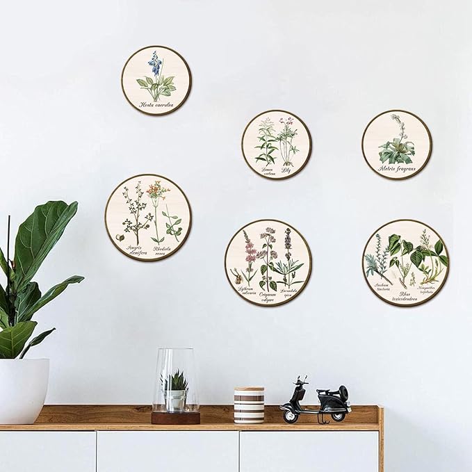 TOARTi 6pcs Boho Plant Wall Art Set(9.9”x3/7.9”x3), Minimalist Green Botanical Round Wooden Sign Vintage Plant Herbs Wall Decor Farmhouse Natural Botanical Wall Hanging for Living Room Bedroom