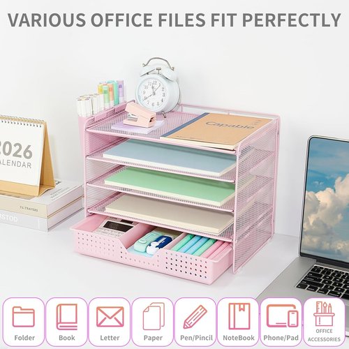 LEKETREE Desk Organizer - 5-Tier Paper Letter Tray with Drawer & 2 Pen Holders | Pink Office Supplies