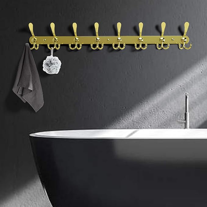 Dseap Coat Rack Wall Mount - 29.5” Long 8-Tri-Hooks Heavy Duty Coat Hanger Rail Wall Hooks for Hanging Coats Hats Clothing Clothes Purse Mudroom Entryway, Gold, Pack of 2