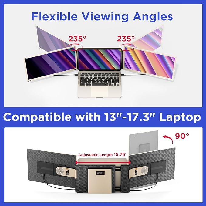 Maxfree S6 Laptop Screen Extender, 15.6'' 1080P Monitor Extender, 11 Display Modes, Plug & Play, Detachable Screen Triple Monitor for Laptop 13"-17.3", Compatible with Mac/Windows/Android/Switch