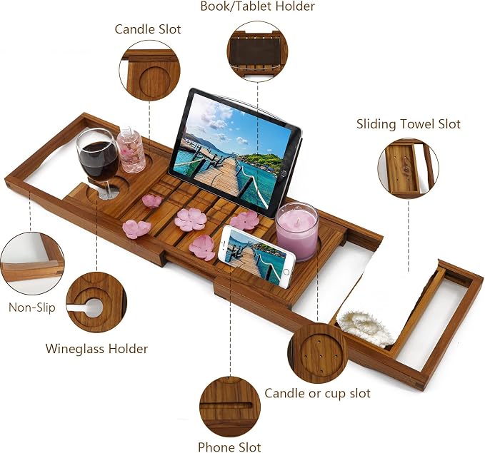 Utoplike Teak Bathtub Caddy Tray Bath Tray for Tub, Bamboo Shower Bench with Storage