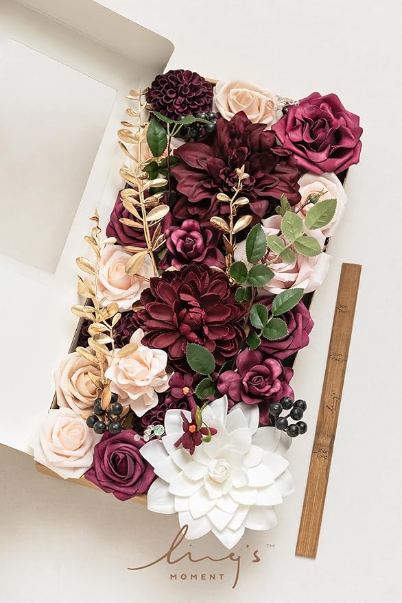 Ling's moment Fake Flowers Box, Faux Artificial Greenery Stems Foam Roses Gardenias Berries Silk Dahlia Fabic Flower for Centerpieces Bouquet Wedding Floral Vase, Marsala & Soft Peach, Deluxe Combo