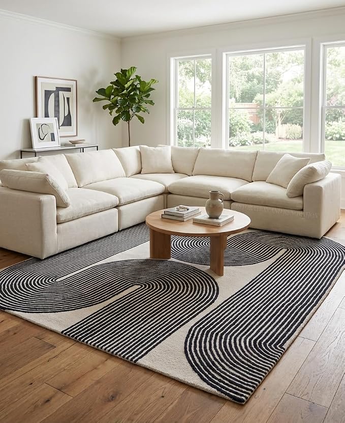 Modern Handmade Wool Area Rug, Abstract Curved Line Geometric Carpet for Living Room Bedroom, Contemporary Tufted Indoor Rug with Soft Pile and Cotton Backing (Ink, 8' x 10')