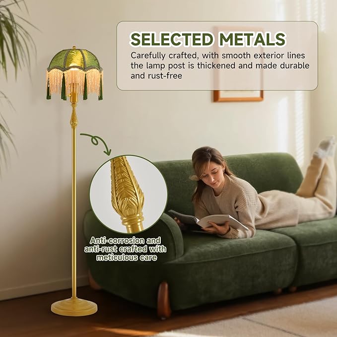 WEILASA Retro Tassel Floor Lamp with Adjustable Light Simple Upright Metal Base LED Night Lamp for Room 13" Wide, 62.7" High