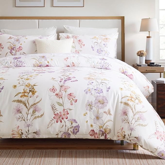 100% Cotton Duvet Cover King Size – Pastel Lavender Print Vintage Bedding Set with Zipper Closure, 3 Pieces Luxury & Silky Soft Comforter Cover for All Seasons