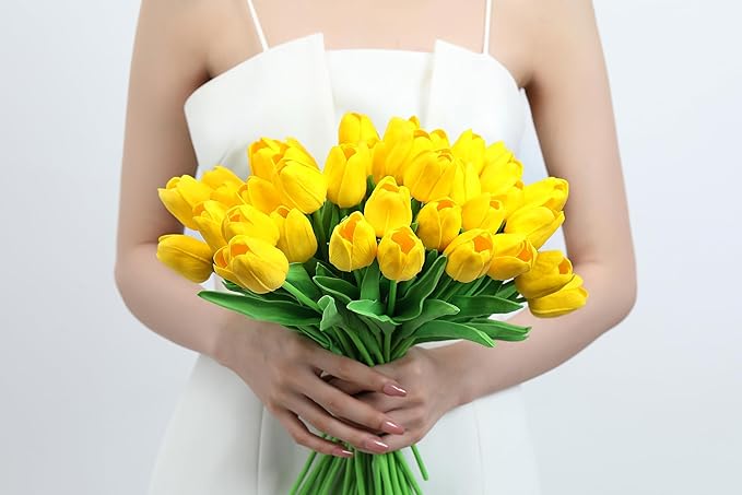 20pcs Yellow Tulips Artificial Flowers Fake Silk Tulips Real Touch Flowers for Spring Kitchen Wedding Home Decor Arrangements Easter Decor 14 Inch