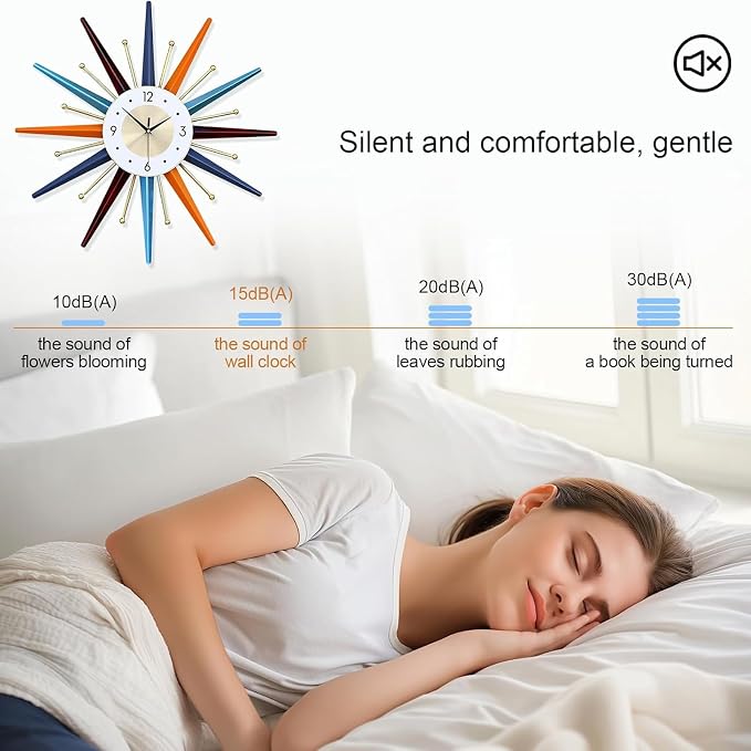 Large Wall Clock 22 Inch Mid Century Wall Clock Starburst Clock Non-Ticking Battery Operated Modern Home Decorations for Living Room Bedroom Kitchen Office,Wall Watch