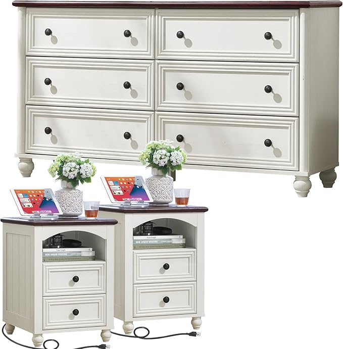Dressers & Night Stand Set of 3, Wood 54" Wide Dresser & 18" Charging Station Chest of Drawers, Roman Column 2 Drawer Nightstand Set of 2, Bedroom Furniture Dresser Suites for Home Living Room Hallway