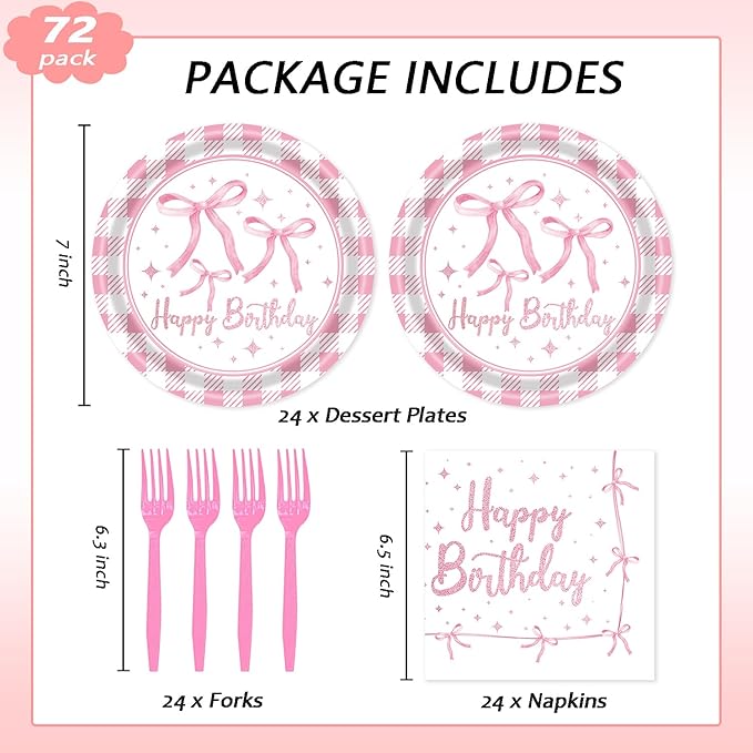 72Pcs Pink Bow Plates and Napkins, Coquette Birthday Party Supplies Pink Bow Paper Plates and Napkins Forks Tableware Decorations for 24 Guests