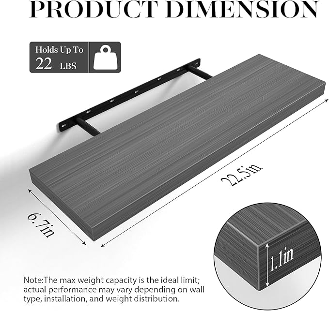 BAYKA Floating Shelves Set of 2, 22.5 inches Rustic Wood Wall Mounted Shelves for Bathroom, Bedroom, Living Room, Kitchen, Hanging Shelf for Books/Storage/Decor,Grey
