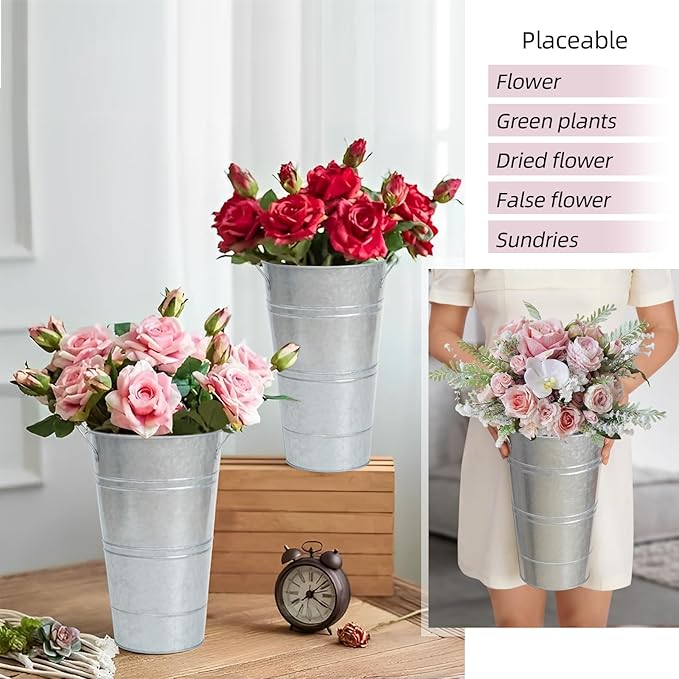 Notakia 12 Inch Large Galvanized Metal Vases Farmhouse French Flower Bucket Vases for Cut Flowers for Home Decor and Wedding Table Centerpiece Decorations (Large Silver Set of 4)