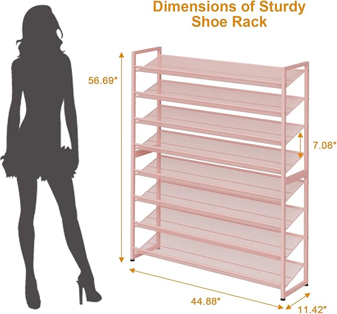 NEYCIL Large Shoe Rack 8 Tier Shoe Organizer, Heavy Duty Metal 4-Tier Stackable Shoe Storage Vertical Shoe Rack for Closet Front Door Entrance, Up to 50 Pairs, 44.8" W x 11.4" D x 56.7" H, Pink