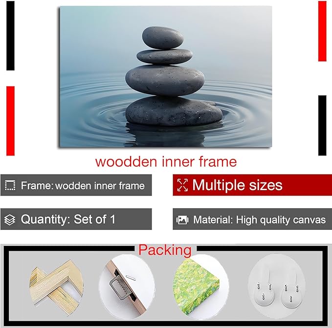 Zen wall art Harmonious grey stones stacked on a calm surface of water Serene Zen decor suitable for tranquil homes and spaces of meditation 24x36in Wood Framed