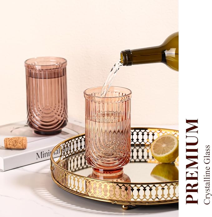 Venus Vintage Drinking Glasses Set of 6-17oz Hand-Blown Highball Ribbed Glassware, Arch Design Cocktail Glasses for Whiskey Water Beverages Ice Coffee Juice Milk