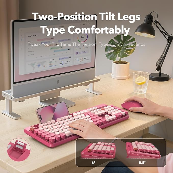Wireless Keyboard and Mouse Combo, Retro Round Keycaps, Full-Size Cute Typewriter Keyboard with Large Phone/Tablet Holder, Auto-Sleep, 2.4GHz Cordless Connection for Windows/PC/Laptop