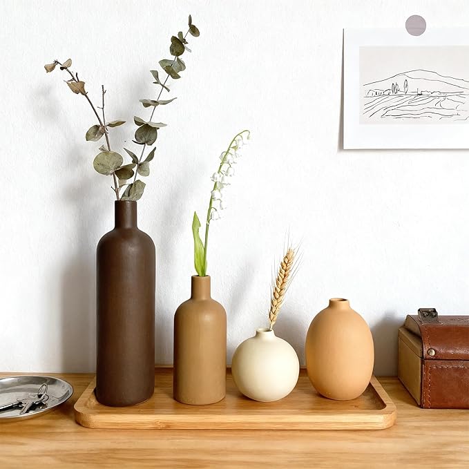 Modern Ceramic Vase Set – 4 Piece Rustic Decorative Vases for Boho Living Room Centerpieces, Entryway Decorations, Coffee Table, Bookshelf, Fireplace Mantel
