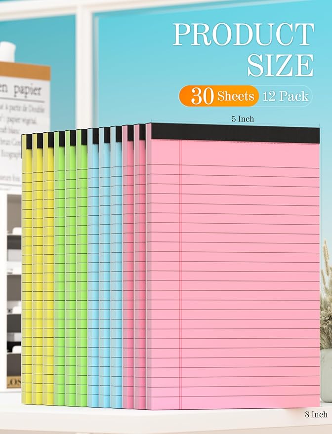 Zaviko 12 Pack Small Note Pads 5x8, Small Colored Legal Pads 5x8 College Ruled, Perforated Legal Notepads, 30 Sheets/Pack Writing Pads 5x8, Colored Notepads 5 x 8 Lined Paper Pads for Office Supplies