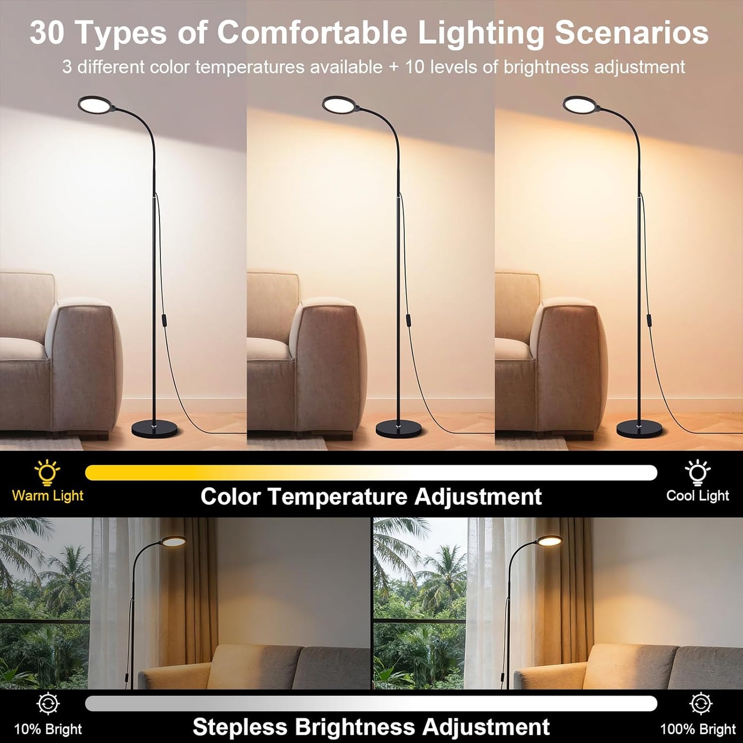 Skiennix Modern Black Floor Lamp - 62.6” Adjustable Gooseneck LED Lamp with Dimmer & Color Temperature for Living Room, Bedroom, Office