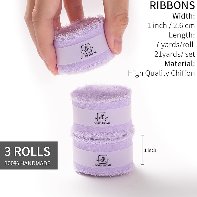 DORIS HOME Light Purple Chiffon Ribbon for Flower Bouquet, 1" x21Yd Fabric Ribbon for Gift Wrapping, Handmade Frayed Ribbon for Wedding Invitations/Christmas Decorations