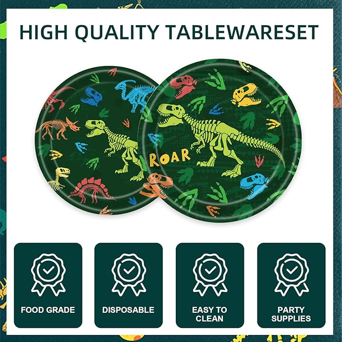 141pcs Dinosaur Birthday Decorations Kit Dinosaur Party Decorations with Trex Dino Plates, Cups, Forks, Knives, Straws,Napkins,Tablecloth for Boys Dino Themes Party Supplies Suitable for 20 Guests