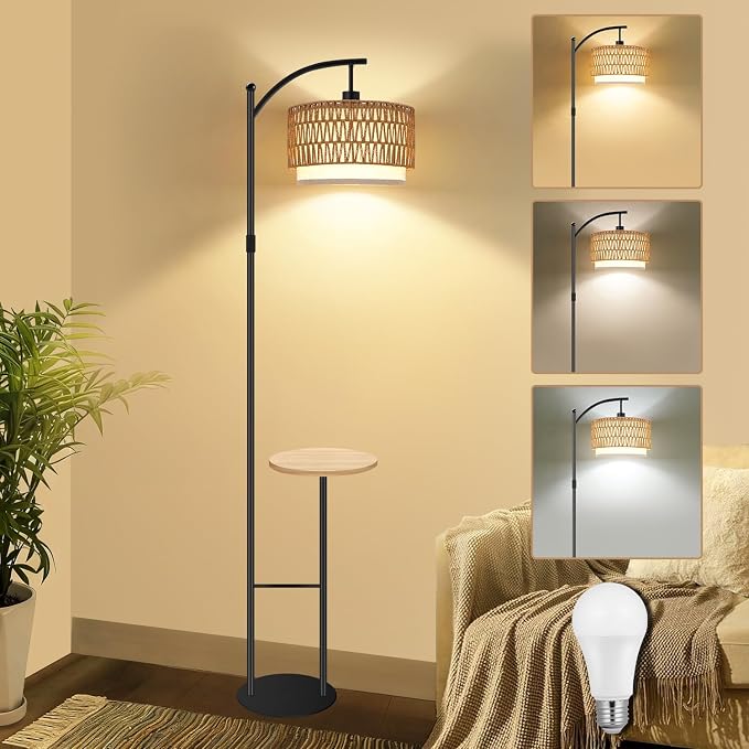 Arc Floor Lamp with Table and Shelves Dimmable Standing Lamp with Rattan and Fabric Shade, Boho Farmhouse Floor Lamp for Living Room with Remote, Wicker Tall Lamp with 3 Color Temperatures