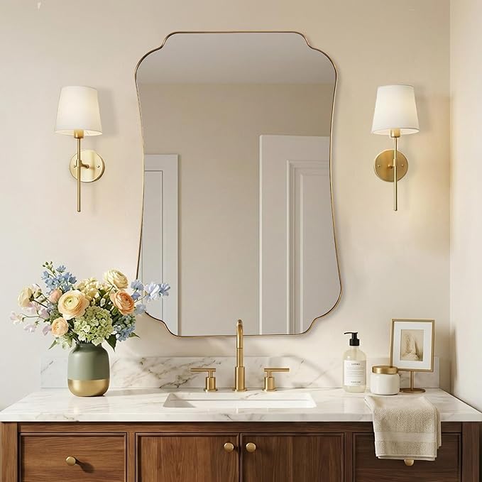ANDY STAR 24"x36" Gold Mirror, Brushed Brass Scalloped Wall Mirror, Bathroom Wall Mirror with Stainless Steel Metal Framed Ideal for Bedroom, Hallway