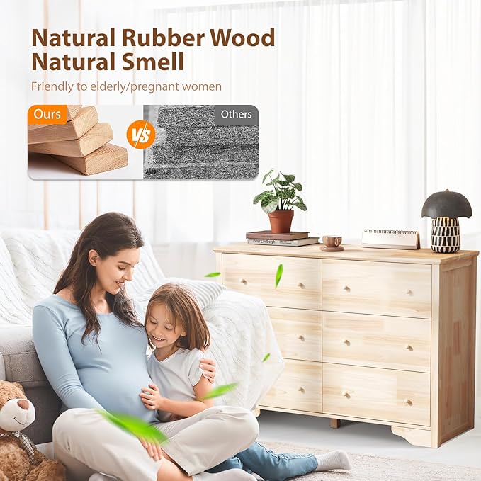 VINGLI Solid Wood Dresser Unfinished for Color DIY, Natural Real Wood Dresser 6 Drawer for Bedroom, 47.16" W*17.72" D*33" H