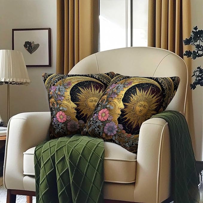 Sun and Moon Decorative Pillow Covers 18x18 Set of 2 | Cushion Cases with Invisible Zipper | Home Decor Throw Pillowcases for Couch, Sofa and Livingroom