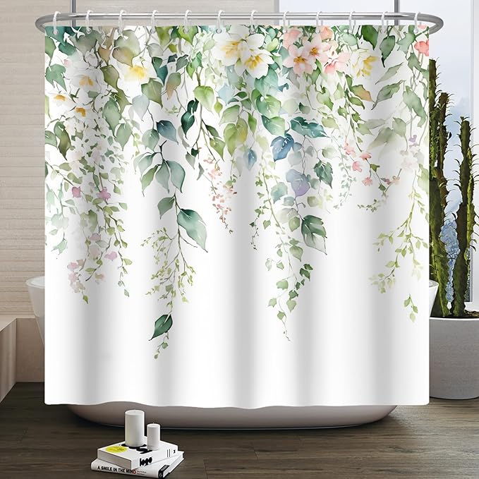 Sage Green Eucalyptus Shower Curtain Watercolor Botanical Floral Leaves Shower Curtain Set Spring Nature Bathroom Decor with 12 Hooks,72x72 Inches