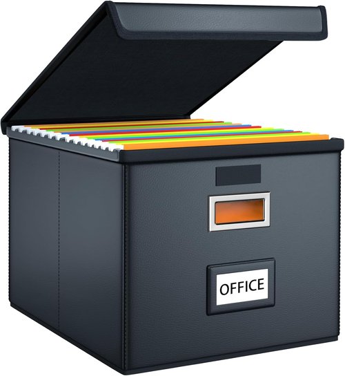 Huolewa File Organizer Box - Collapsible Faux Leather Filing System with Lid | Decorative Home/Office Storage
